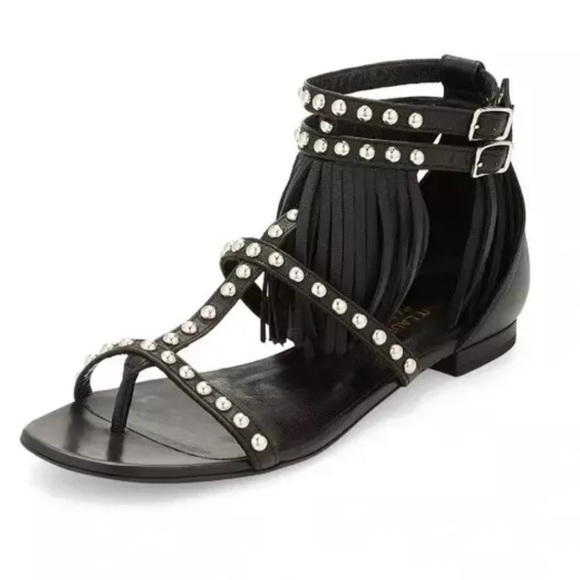 $995 Sz 36.5 6.5 Saint Laurent Black Leather Silver Studded Ankle Fringe… - Picture 1 of 10